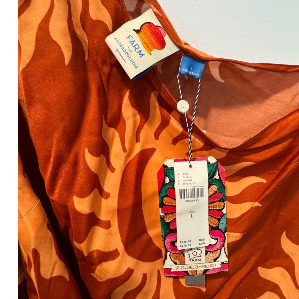 Farm Rio for Anthropologie Sun Motif One Shoulder Fringe Midi Dress Orange L NWT - Picture 7 of 13